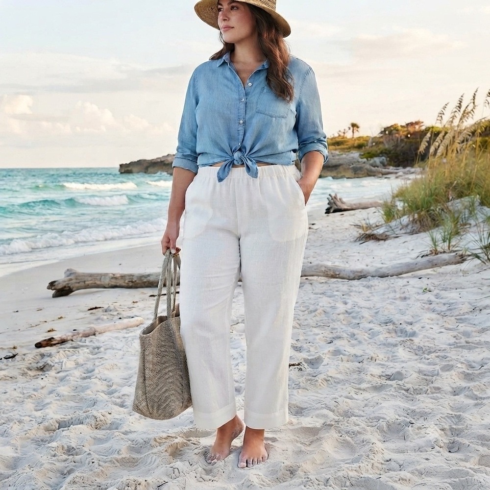 J. Jill Pure Jill White Linen Pants L Pull On Elastic Waist
Roll Tab Hem Coastal